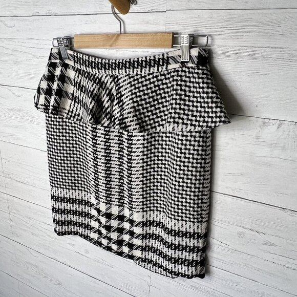 Zara Skirt Womens Size Large Black & White Tweed Plaid Ruffle Houndstooth Pencil - Picture 5 of 14